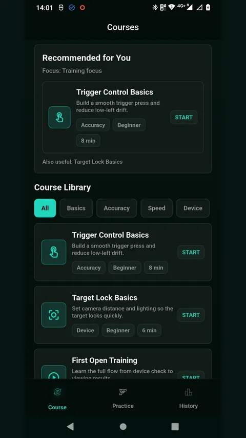 TEKAIM internal-test Courses screen